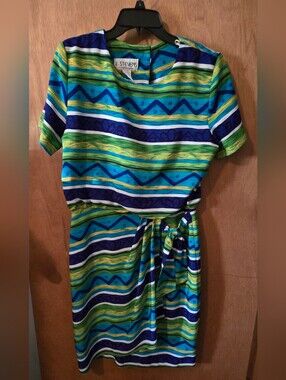 Stevens Blue & Green Striped Tie-front Faux Wrap Dress